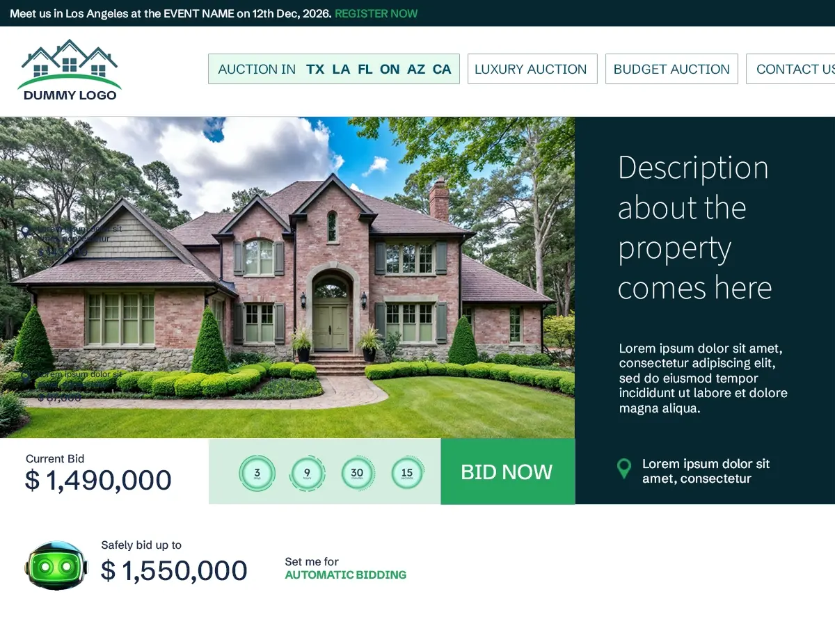 Property auction listing with current bid and AI bidding options