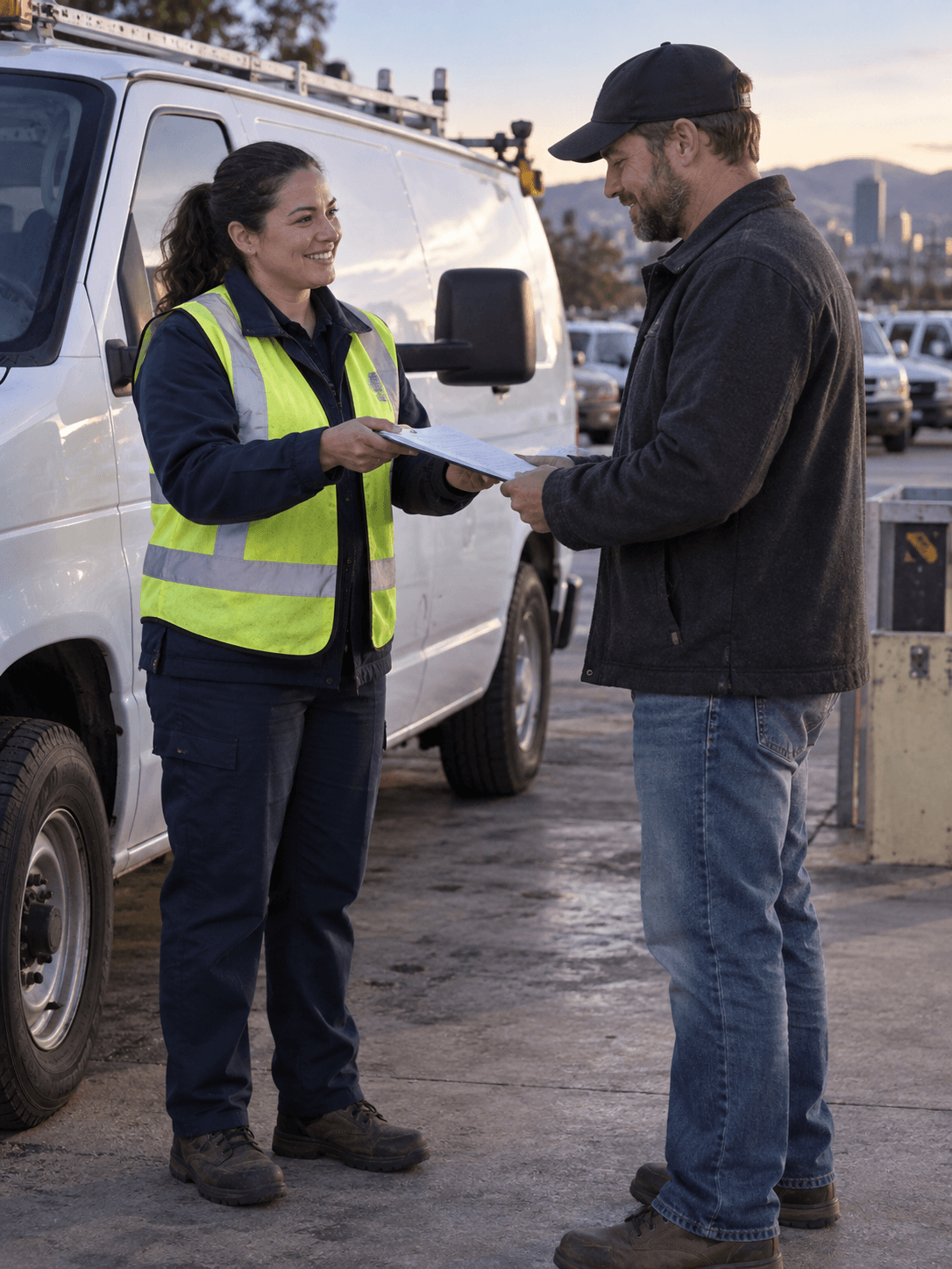 A public works employee hands collection authorization paperwork to a buyer beside a retired utility van