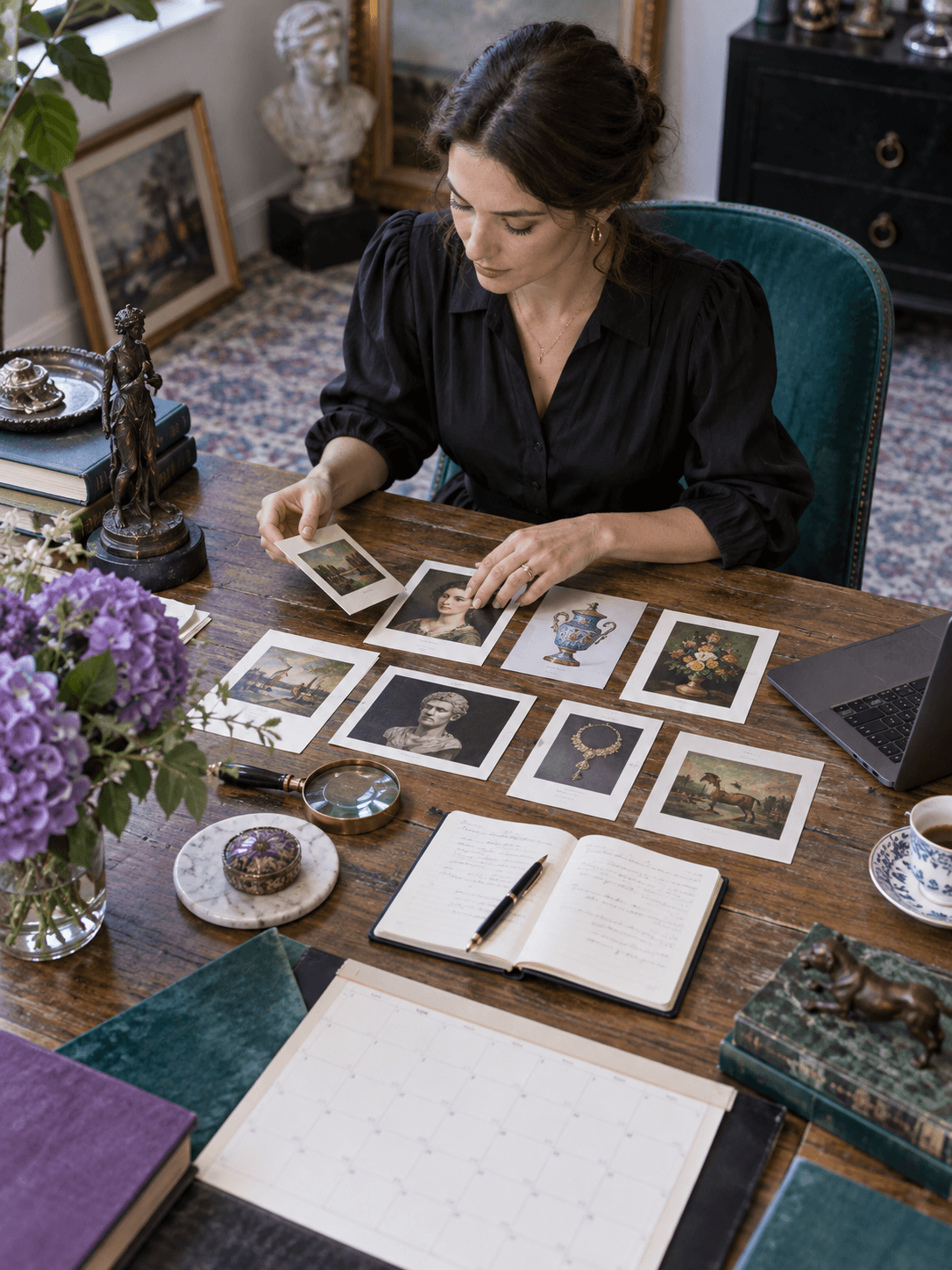 Overhead view of a specialist auction planner arranging miniature artwork catalog cards, estimate notes and sale calendar