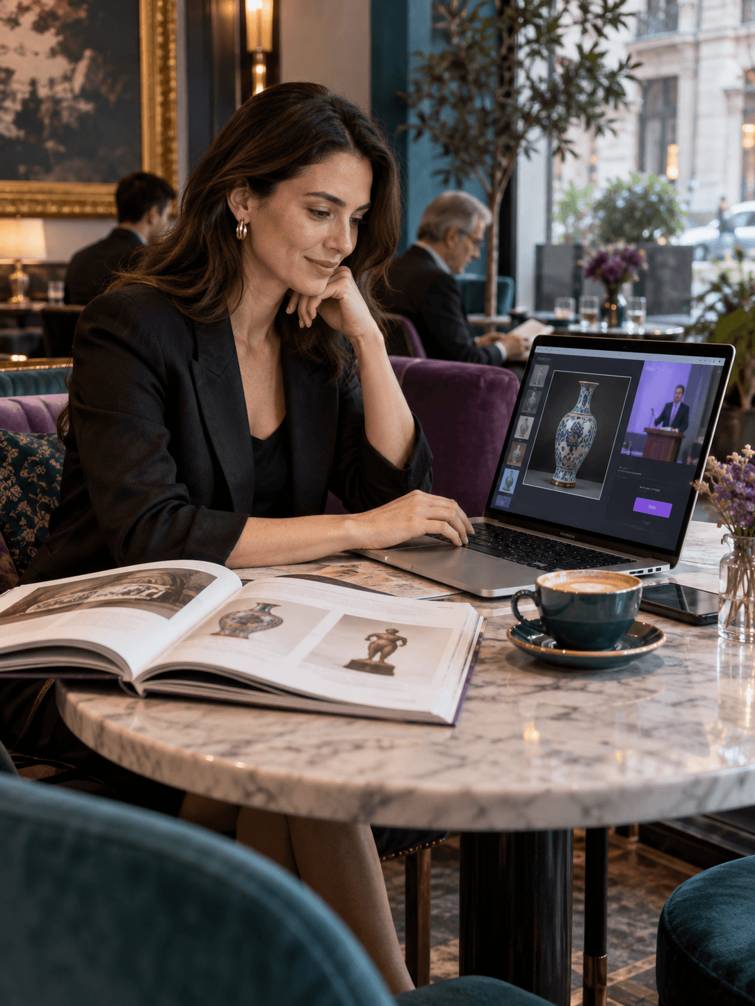 A registered bidder participates from a laptop at a stylish cafe table, a printed auction catalog nearby