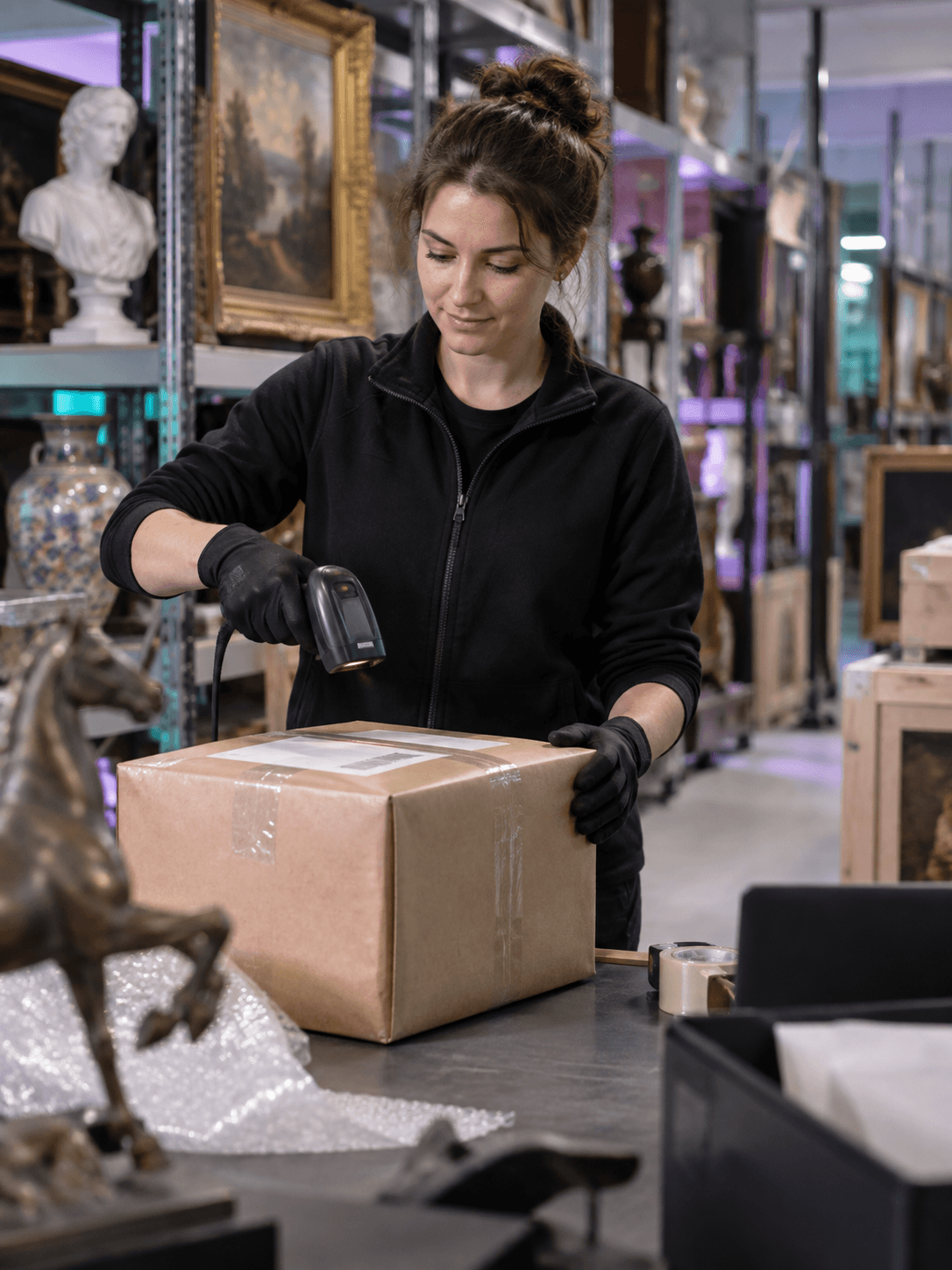 A fulfillment operator scans a packaged auction purchase in an organized auction-house collection warehouse
