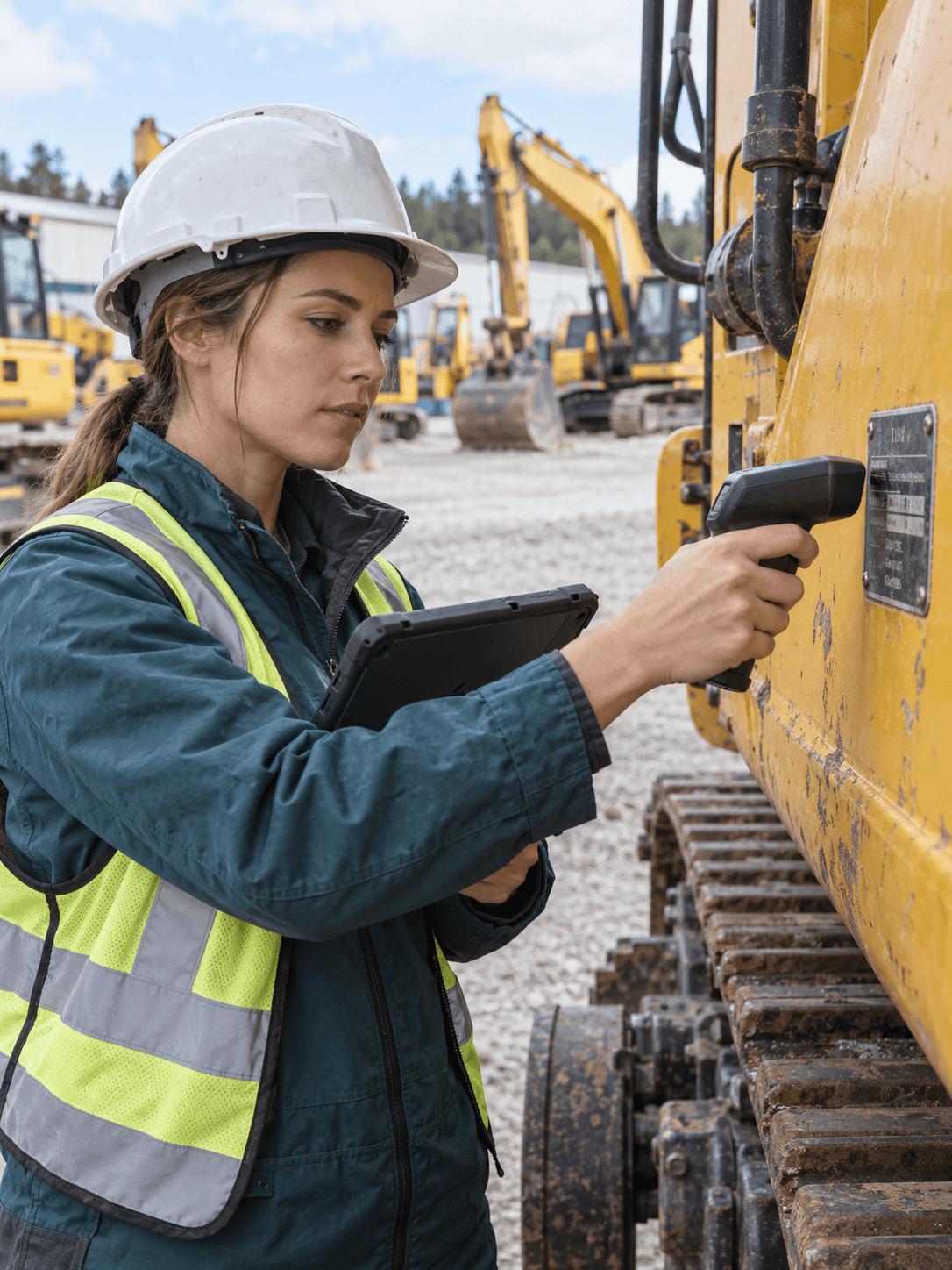 A female equipment inspector scans a serial number plate on a yellow excavator with a tablet in a machinery yard