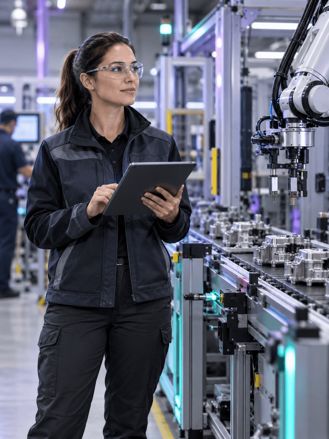 A female plant operations supervisor with tablet standing beside an automated production line