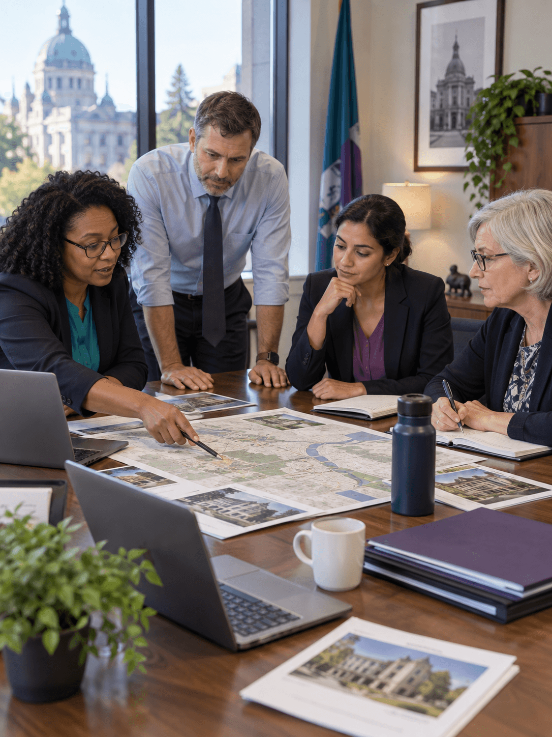 A cross-department public asset team mapping disposal responsibilities in a civic meeting room