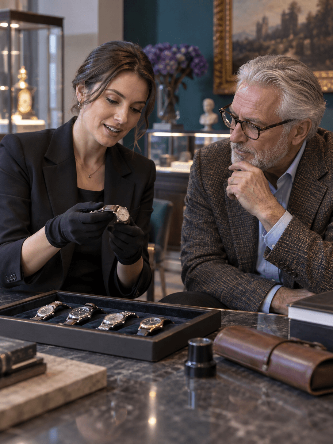 A consignor liaison discussing a vintage watch collection with its owner at a valuation desk