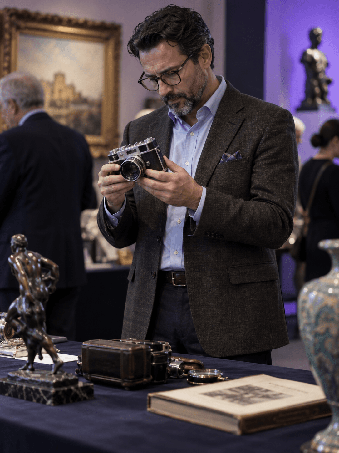 A male collector examining a vintage camera at an auction viewing table