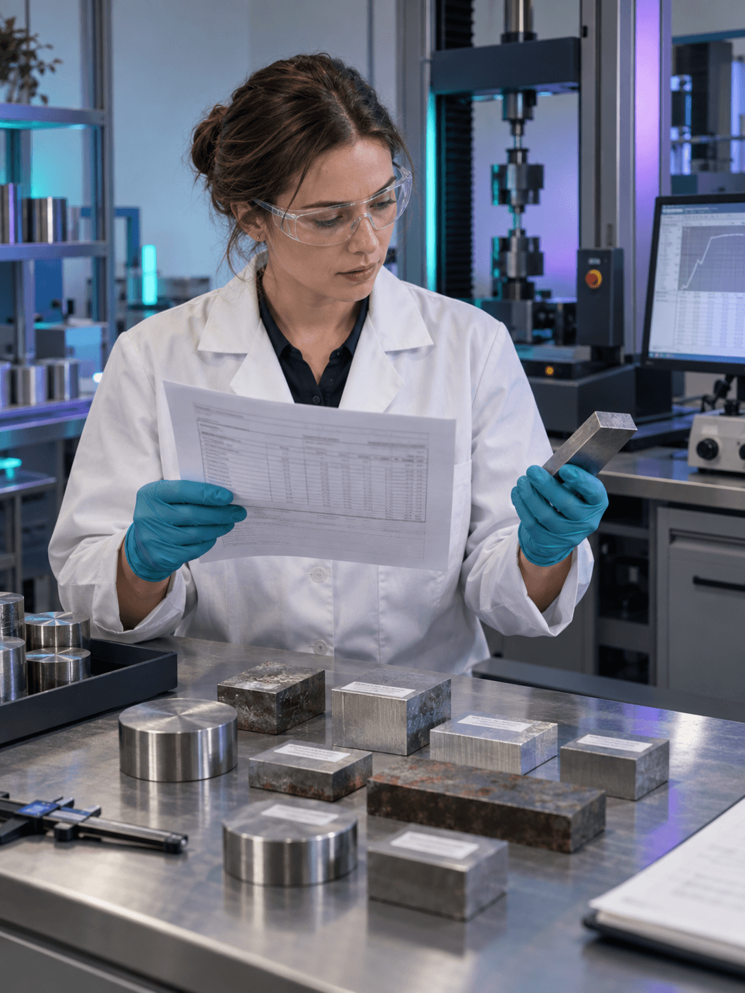 A laboratory technician compares material test certificates with neatly labeled metal samples beside testing equipment