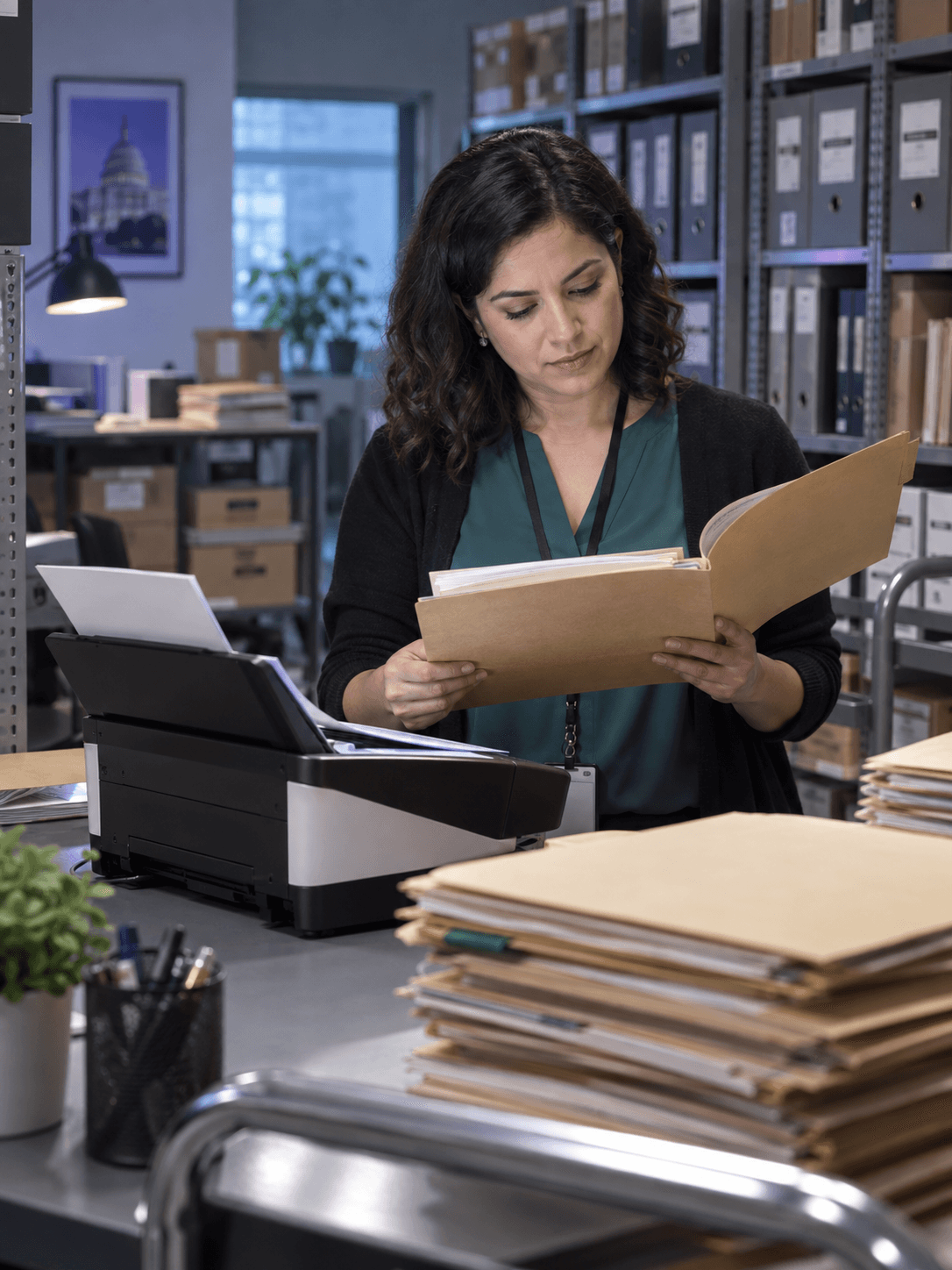 A municipal records specialist reviews disposal authorization folders with a document scanner in an archive room