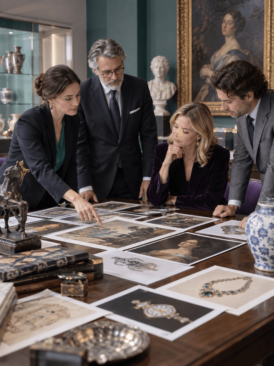 An art auction team planning a collection sale with artwork thumbnails across a gallery table