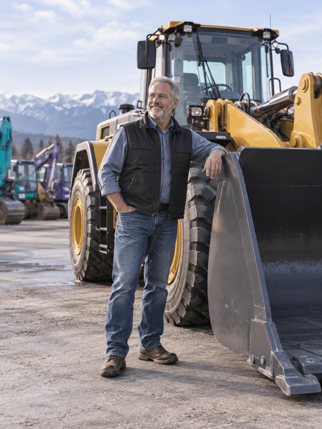 A mature equipment dealer standing beside a refurbished wheel loader in a clean outdoor sales yard