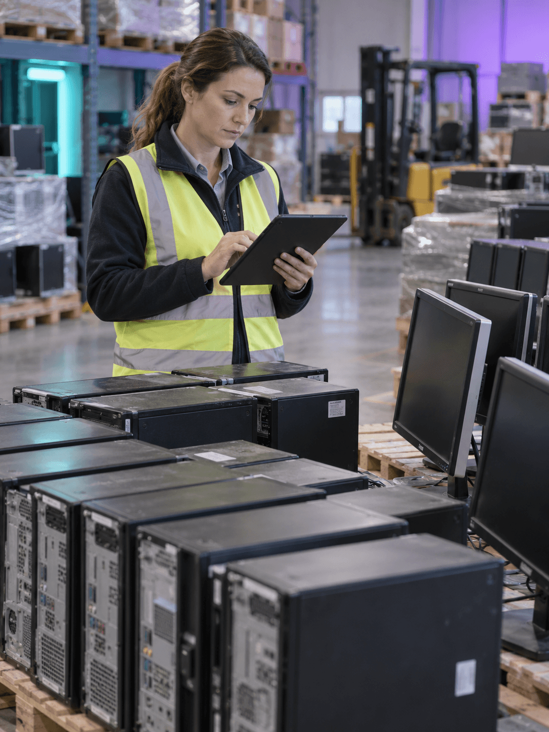 A municipal asset officer records an inventory of retired office computers with a tablet in a public surplus warehouse