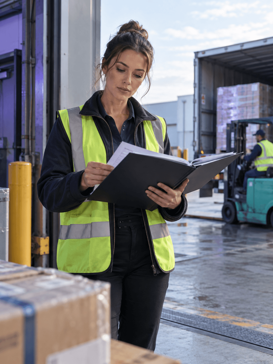 A female logistics and finance coordinator reviewing a shipping folder beside a warehouse loading bay