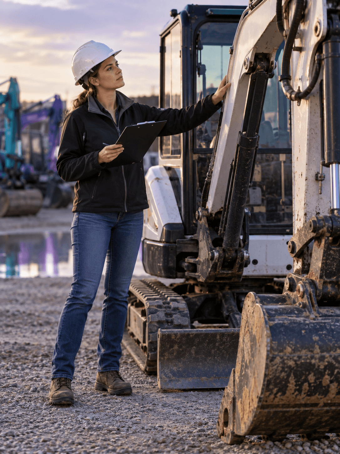 A young civil engineering buyer in a white hard hat inspecting a compact excavator with a clipboard