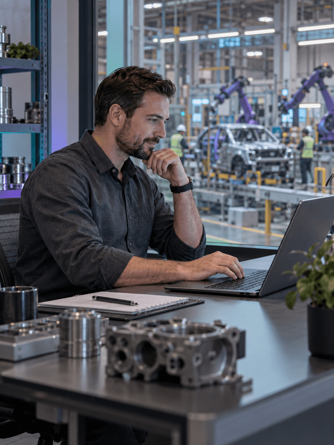 A material supplier submits a digital bid at a factory office desk overlooking an assembly line