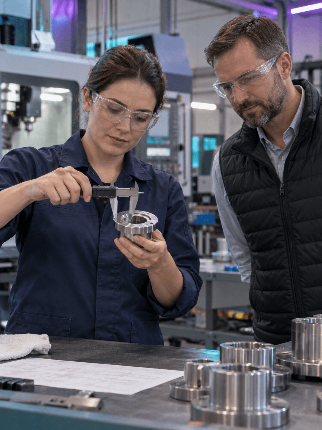 A supplier quality specialist uses a caliper to inspect a metal component beside a visitor wearing safety glasses