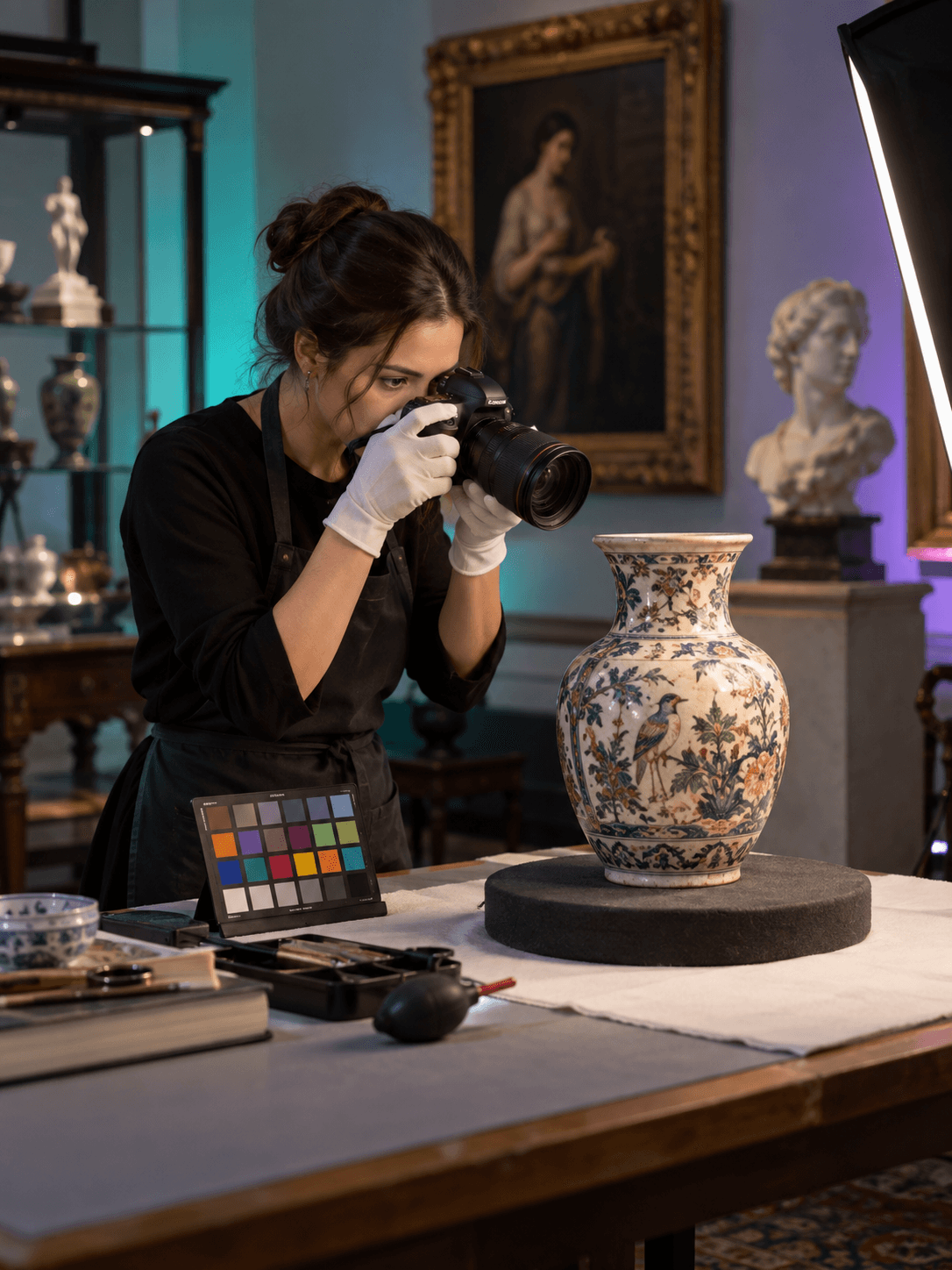 A female art catalog specialist photographs an antique ceramic vase with a camera and color chart in a museum-like studio