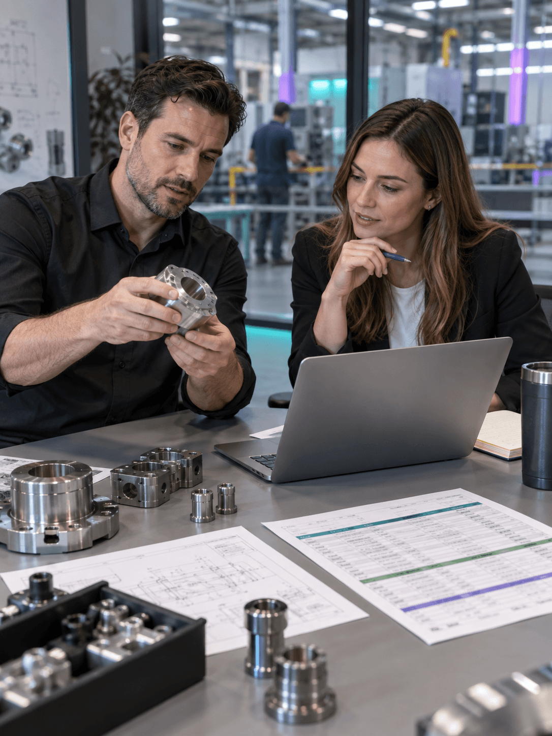 Two manufacturing procurement colleagues studying component samples and a sourcing spreadsheet in a factory meeting room