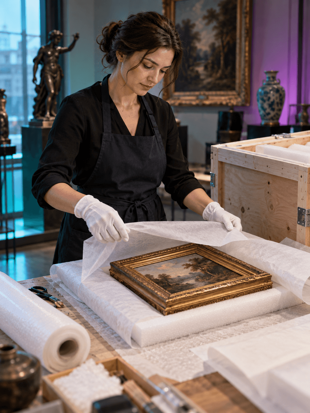 An art logistics specialist packs a small framed painting in archival material beside a shipping crate