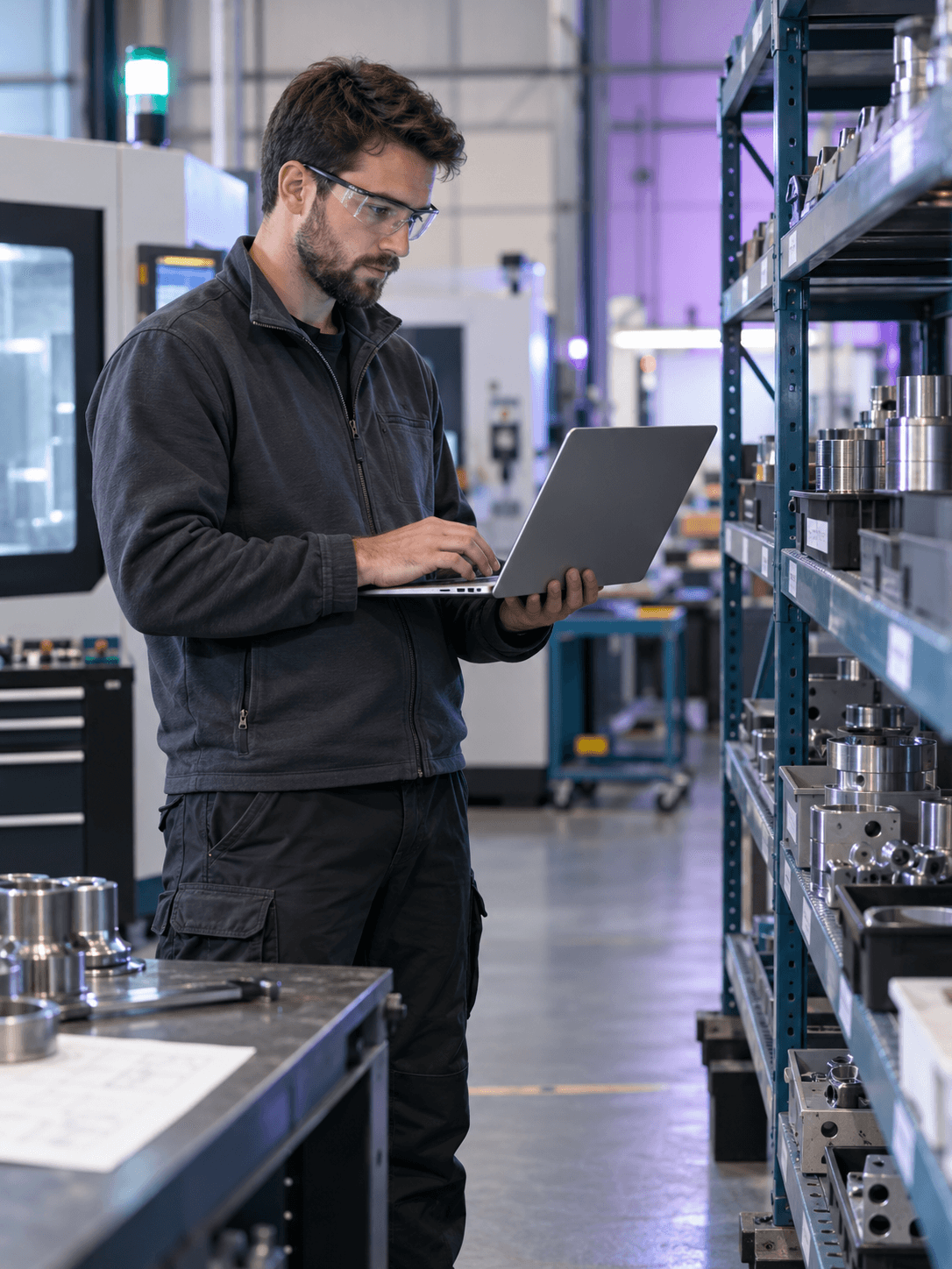 A manufacturing IT engineer validating digital records on a laptop beside a component storage rack