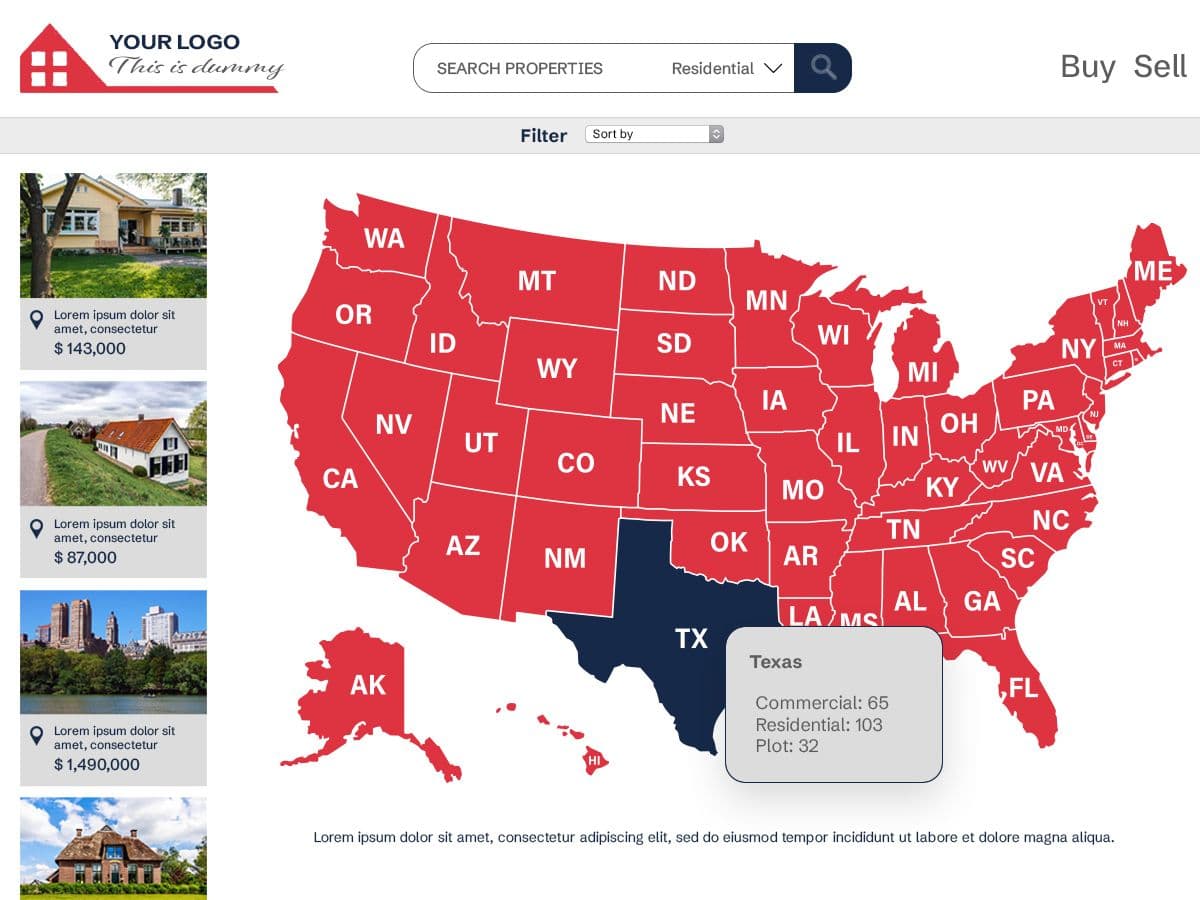 Property auction website preview with a United States property map and listings