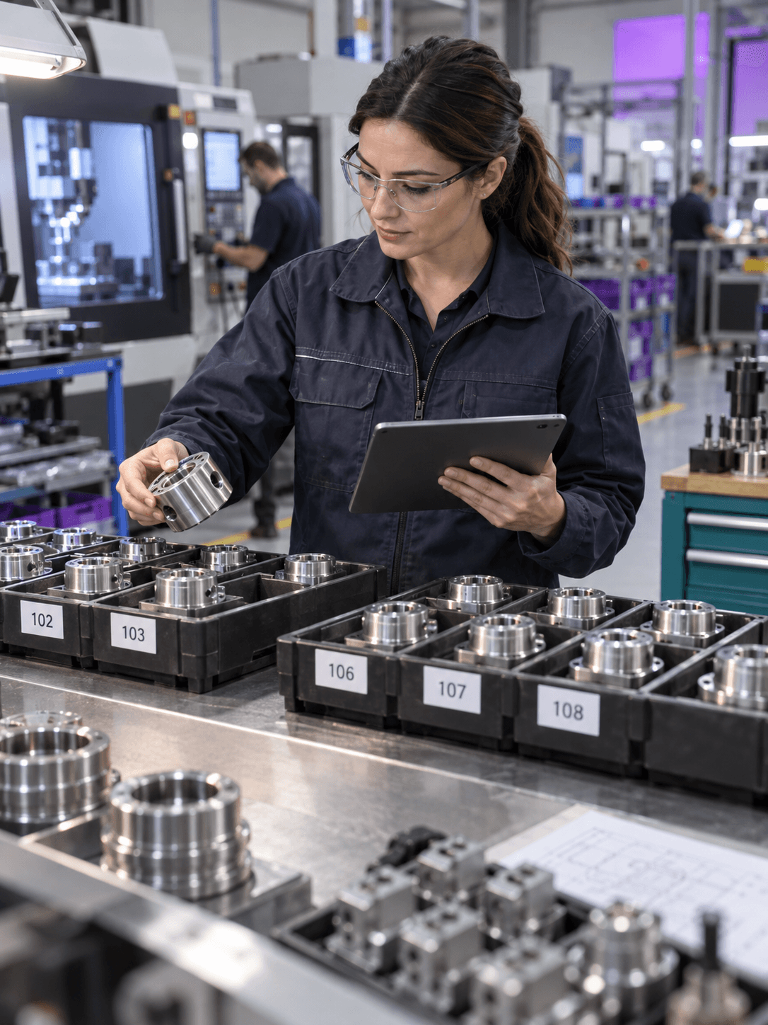 A female plant engineer inventories precision machined components in numbered trays with a digital tablet at a bright factory workstation