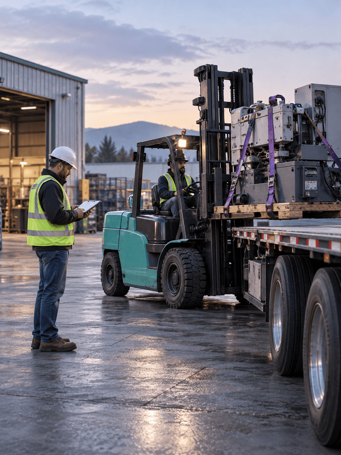 A logistics supervisor checks a manifest as a forklift places a secured machine on a flatbed trailer