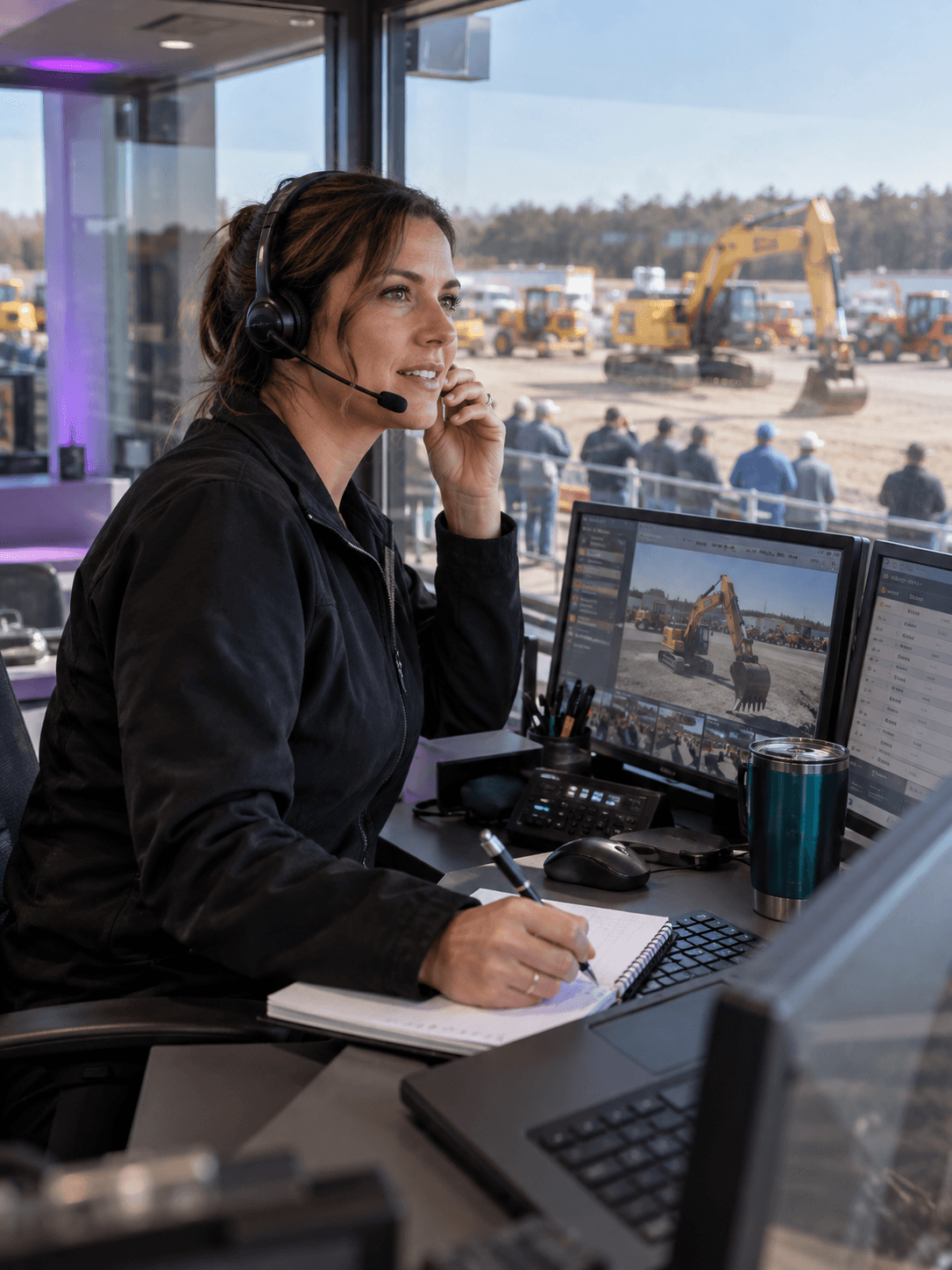 A female auction operations manager with headset overseeing an equipment sale from a glass control office