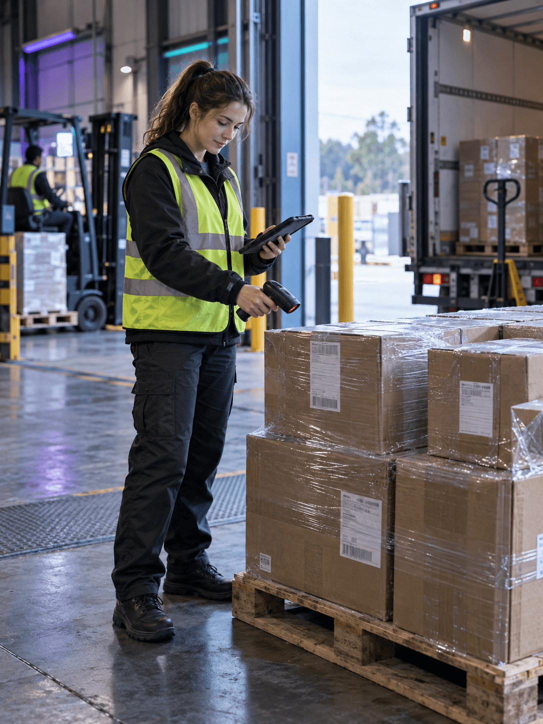 A plant dispatch operator scans packed spare-parts boxes on a pallet beside a loading dock
