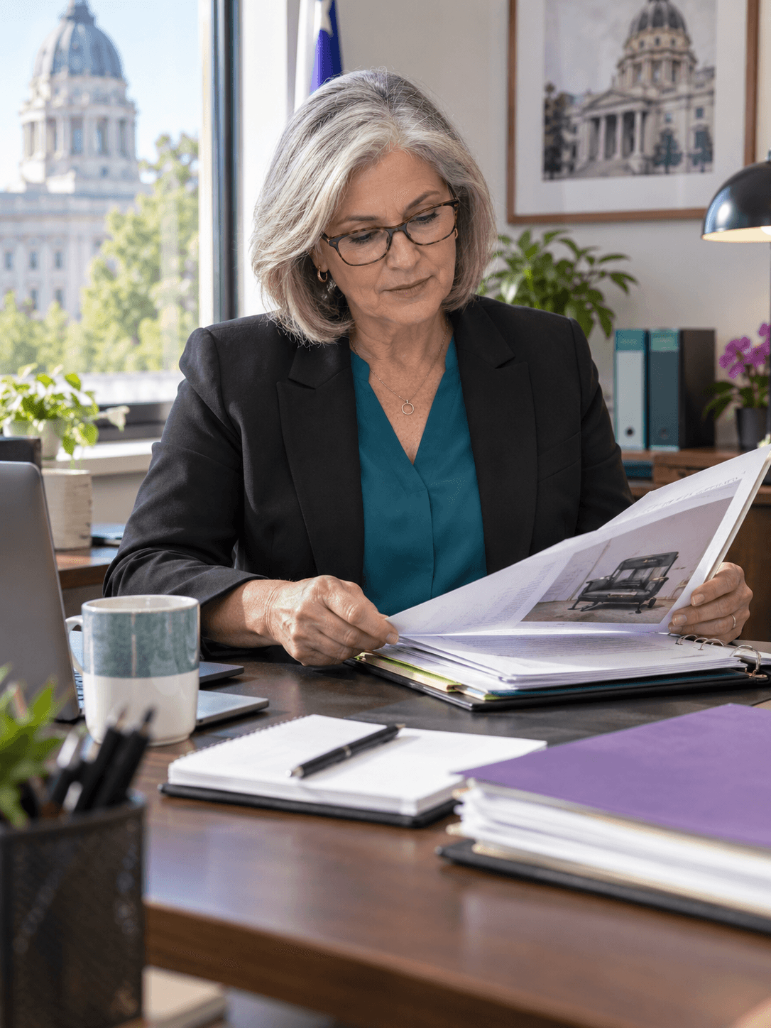 A senior department approver reviewing an asset disposal folder at a bright civic office desk