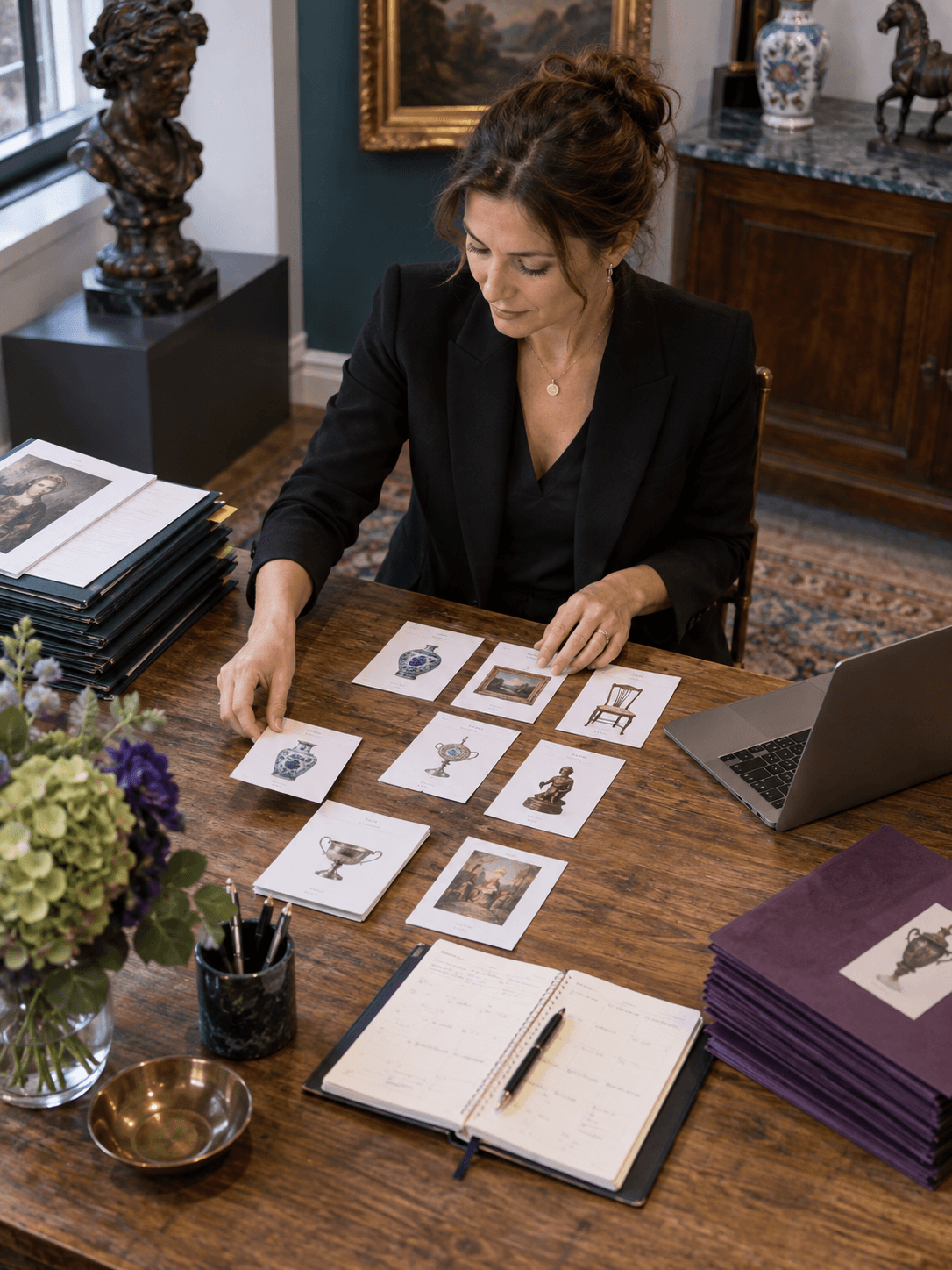 Overhead view of an auction manager arranging sale-order cards, consignment folders and a schedule next to a laptop