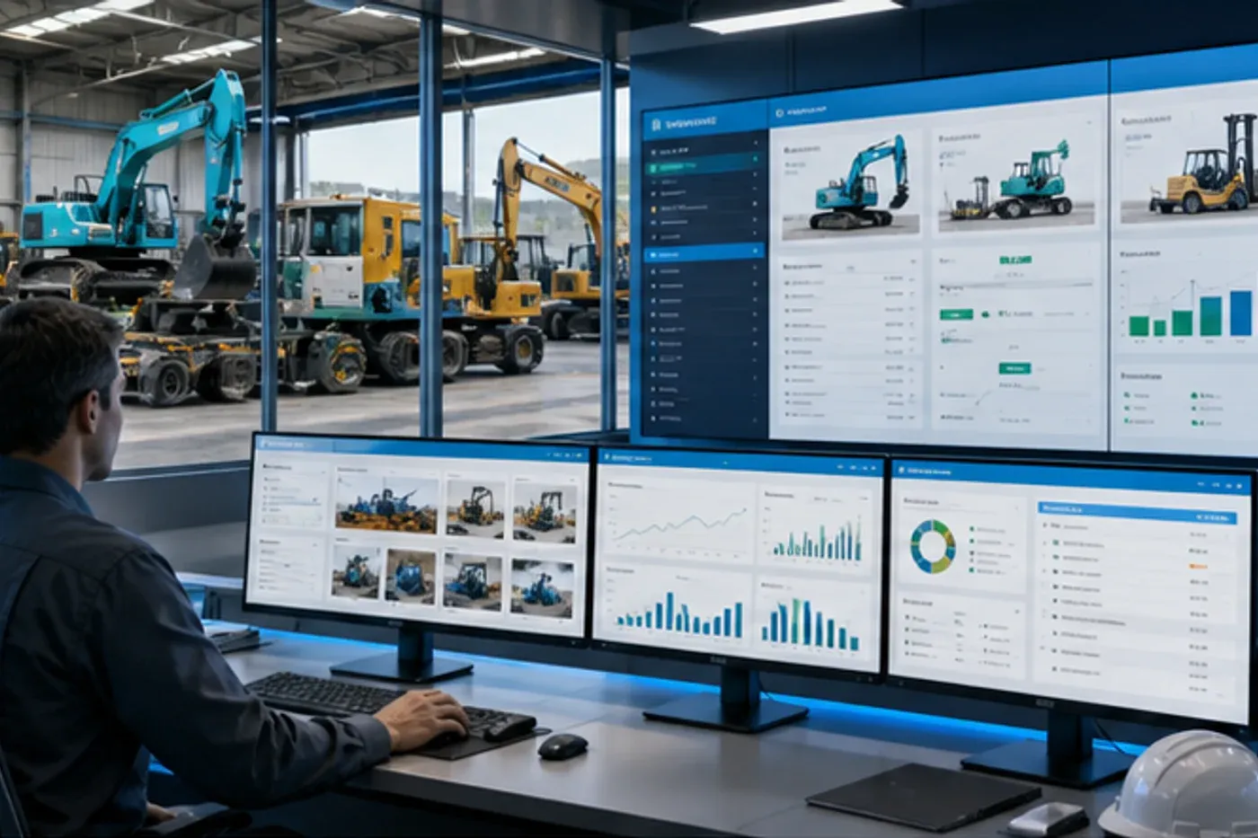 Industrial auction command center with plant equipment, asset dashboards and bid analytics