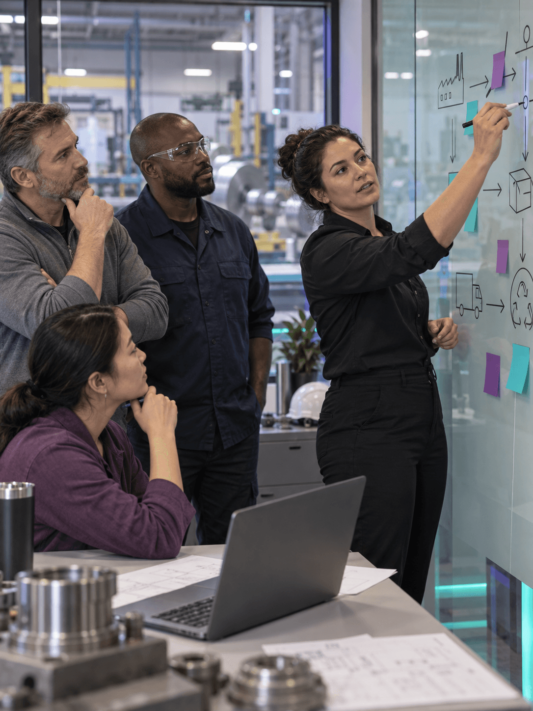 A manufacturing process team mapping sourcing and surplus recovery on a glass board in a plant office