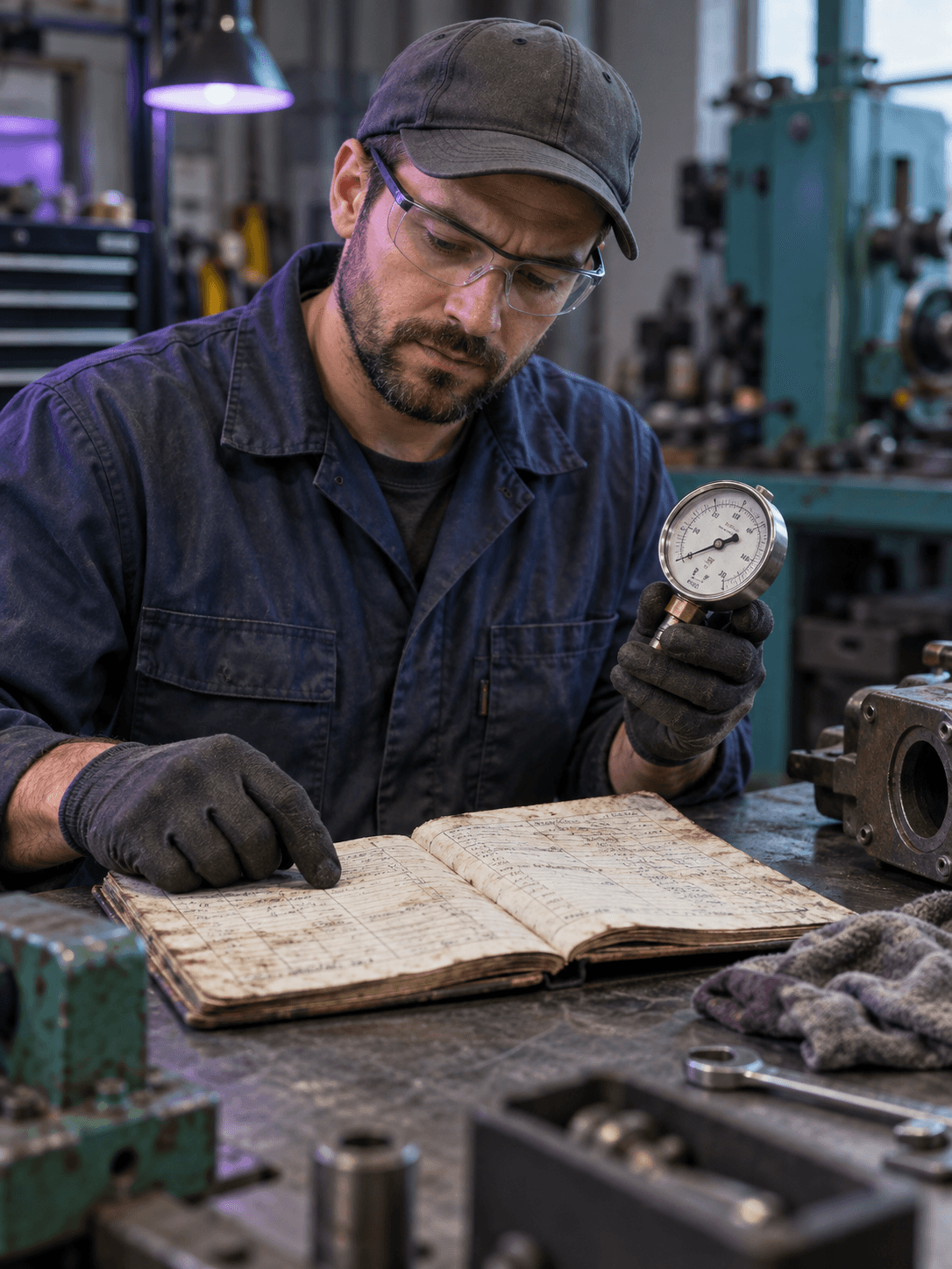 Close view of a technician comparing a worn machine service log with a pressure gauge on a workshop bench