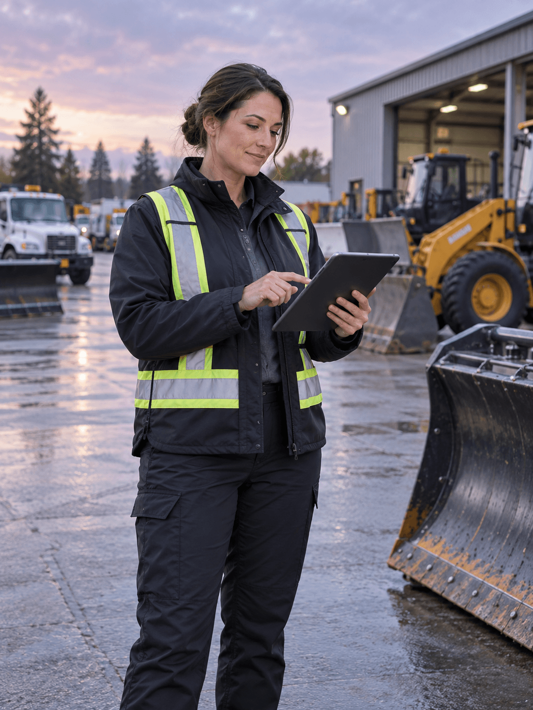 A female municipal disposal officer with tablet in a public works equipment depot