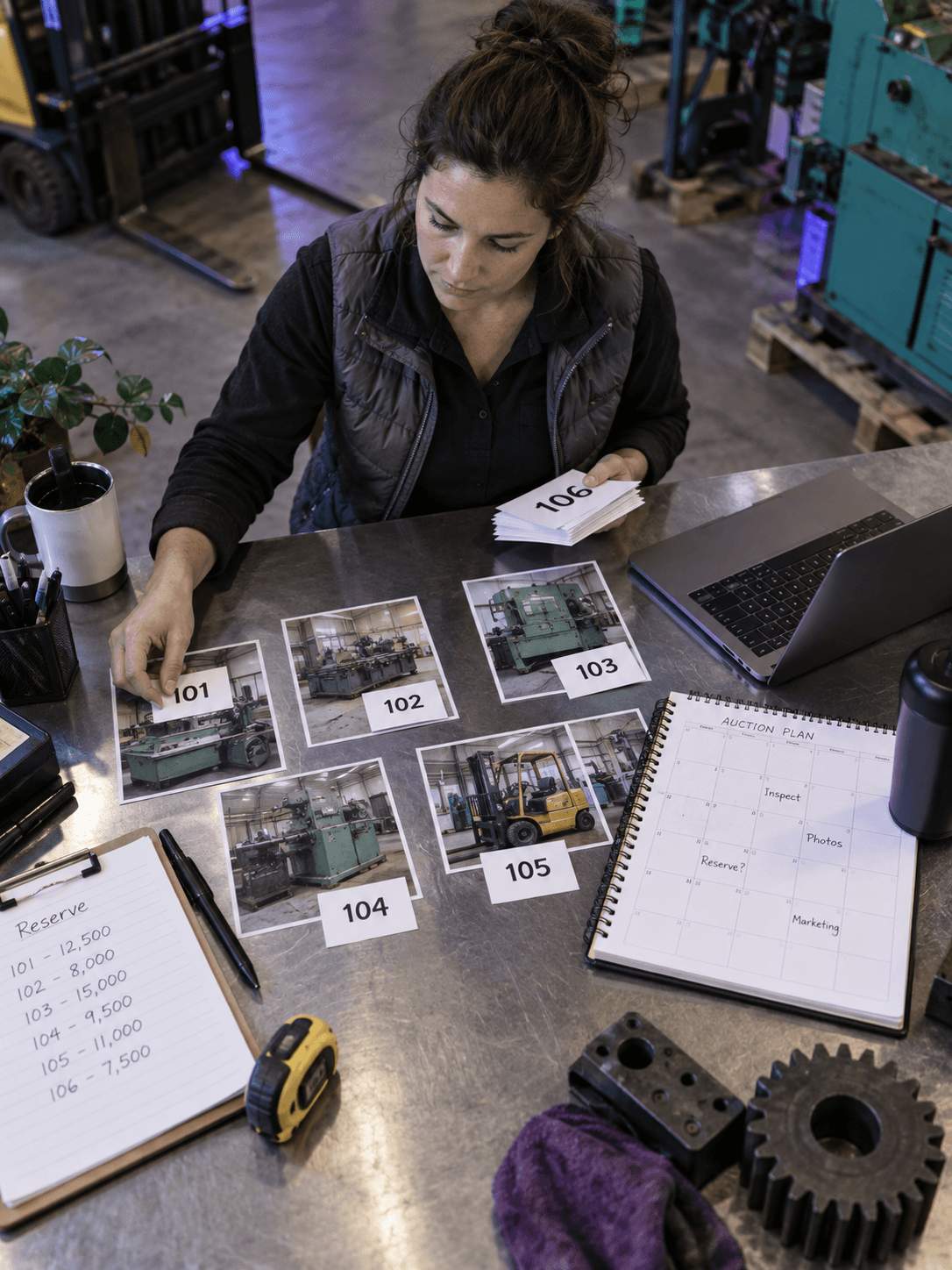 Overhead view of an industrial auction planner arranging numbered machine lot cards, calendar and reserve notes beside a laptop on a steel desk