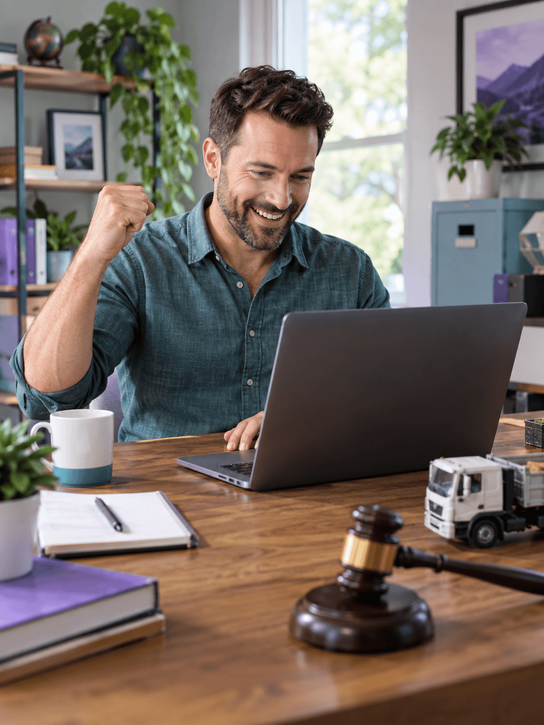 A small business owner participates in a public surplus auction using a laptop in a bright home office