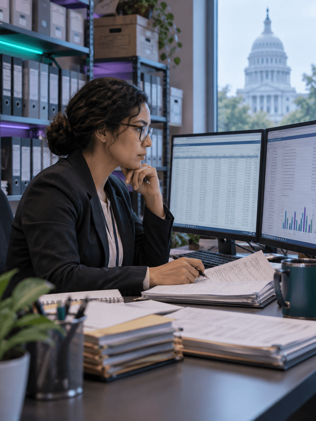 A public audit and finance analyst examining transaction records on two monitors in a quiet records office