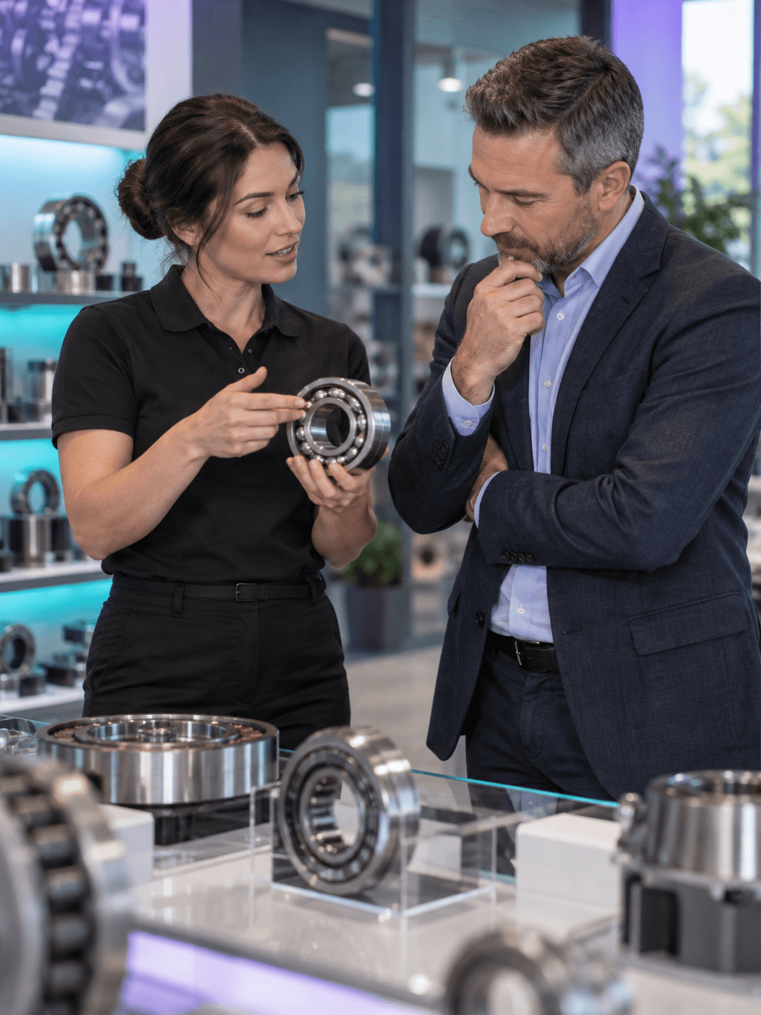 A parts supplier presenting a precision bearing to an industrial buyer in a showroom
