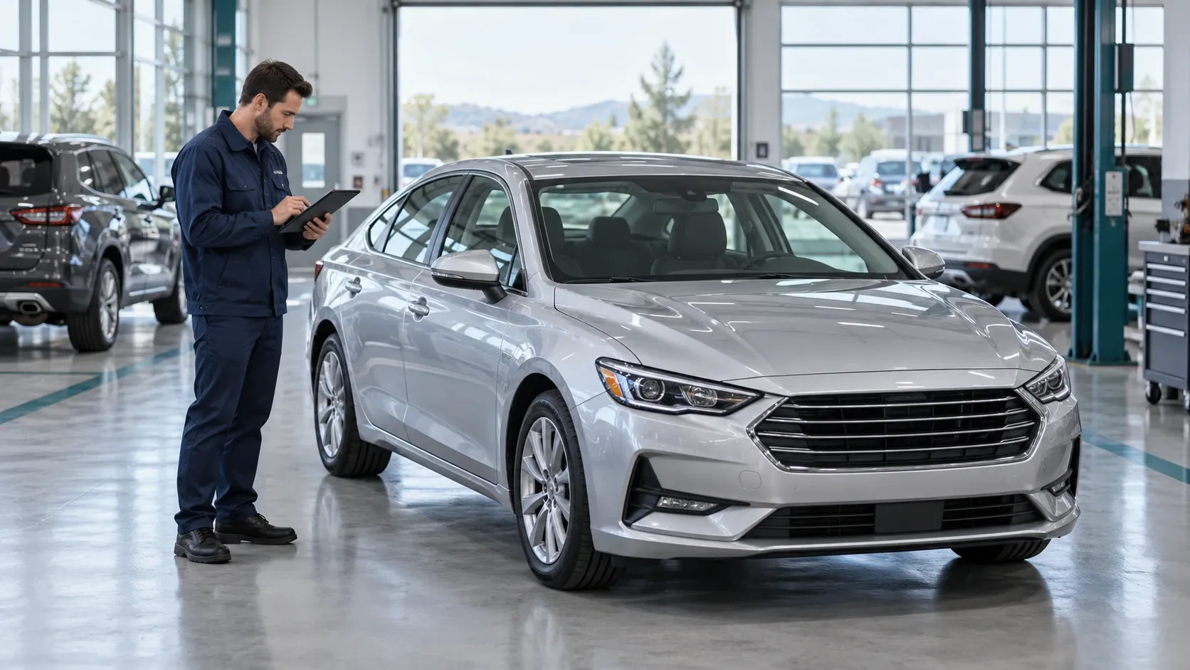 Vehicle inspector reviewing a sedan with a tablet before auction