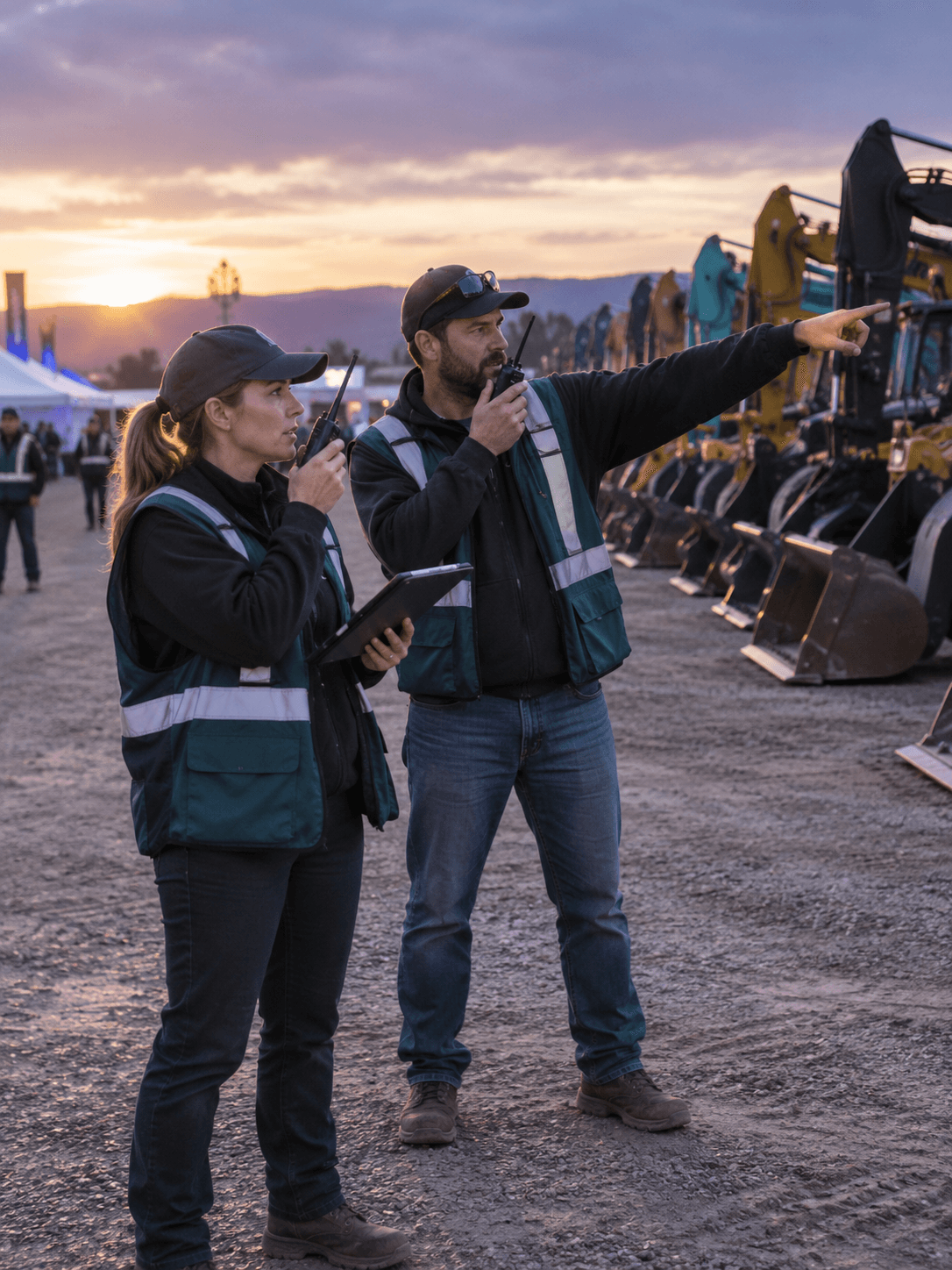 Equipment auction staff coordinating sale-day launch with radios beside an orderly line of machines