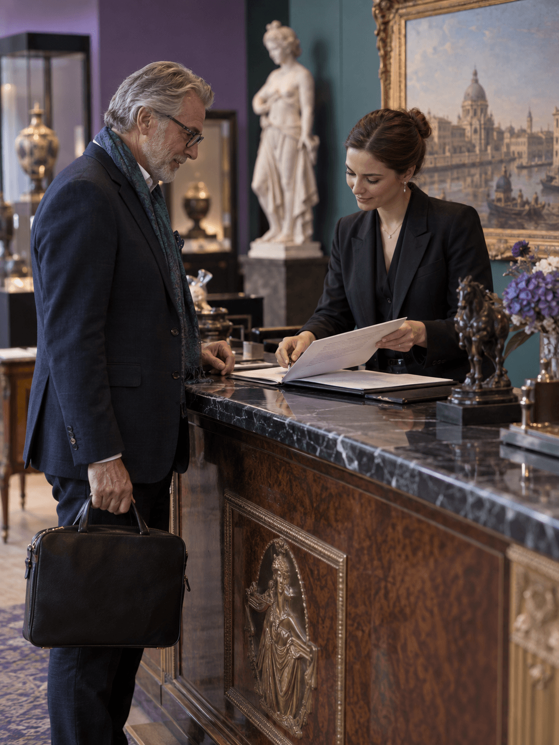 A gallery administrator reviews a collector’s registration documents across an elegant auction reception desk
