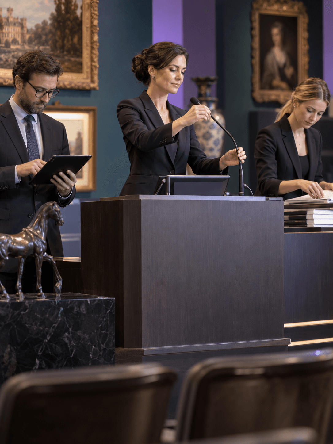 A live auction operations team readying microphones, tablets and sale records at a modern rostrum