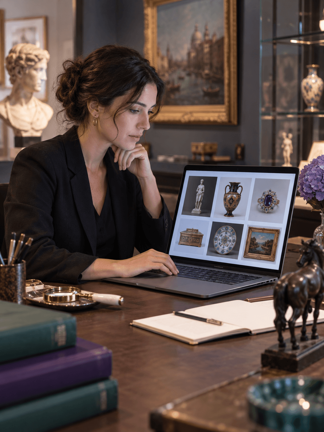 A digital catalog administrator validating lot images on a laptop in a gallery office
