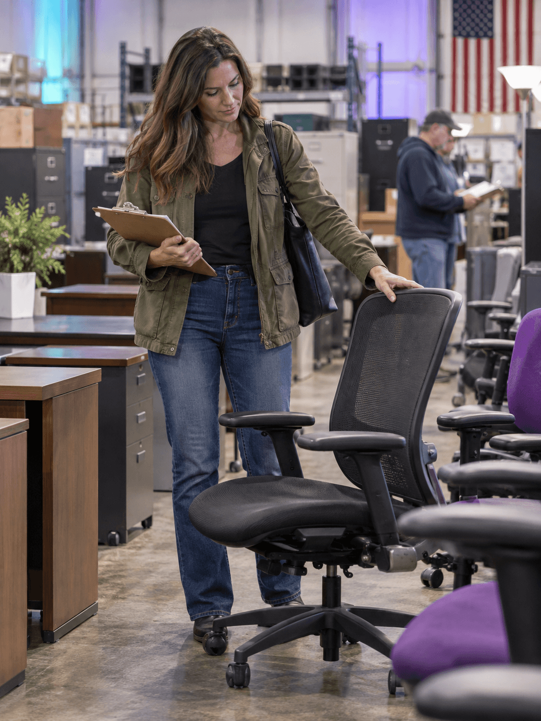 A registered public auction bidder inspecting surplus office furniture in a municipal sale warehouse