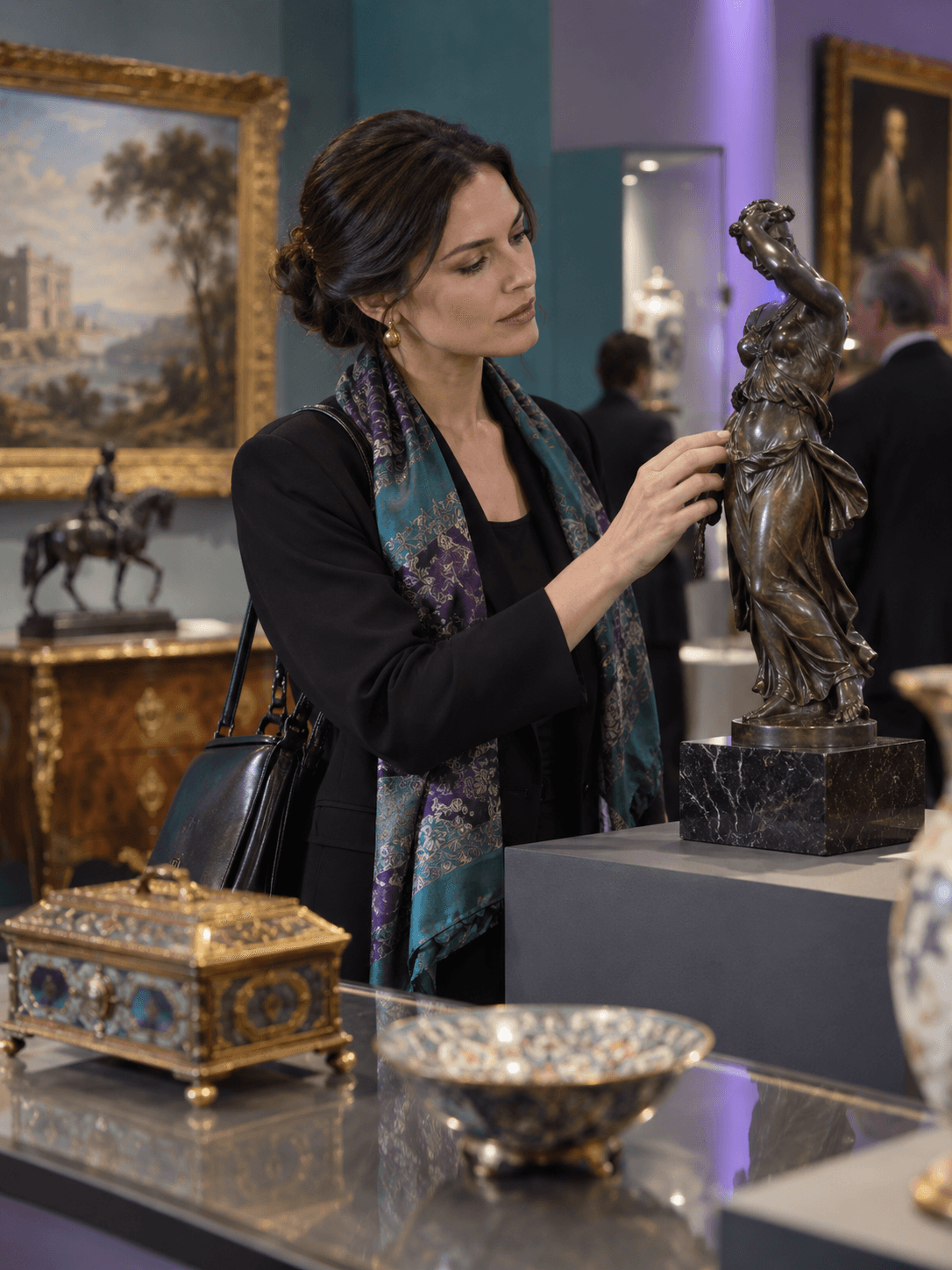 A female collector inspecting a bronze sculpture during a quiet auction preview