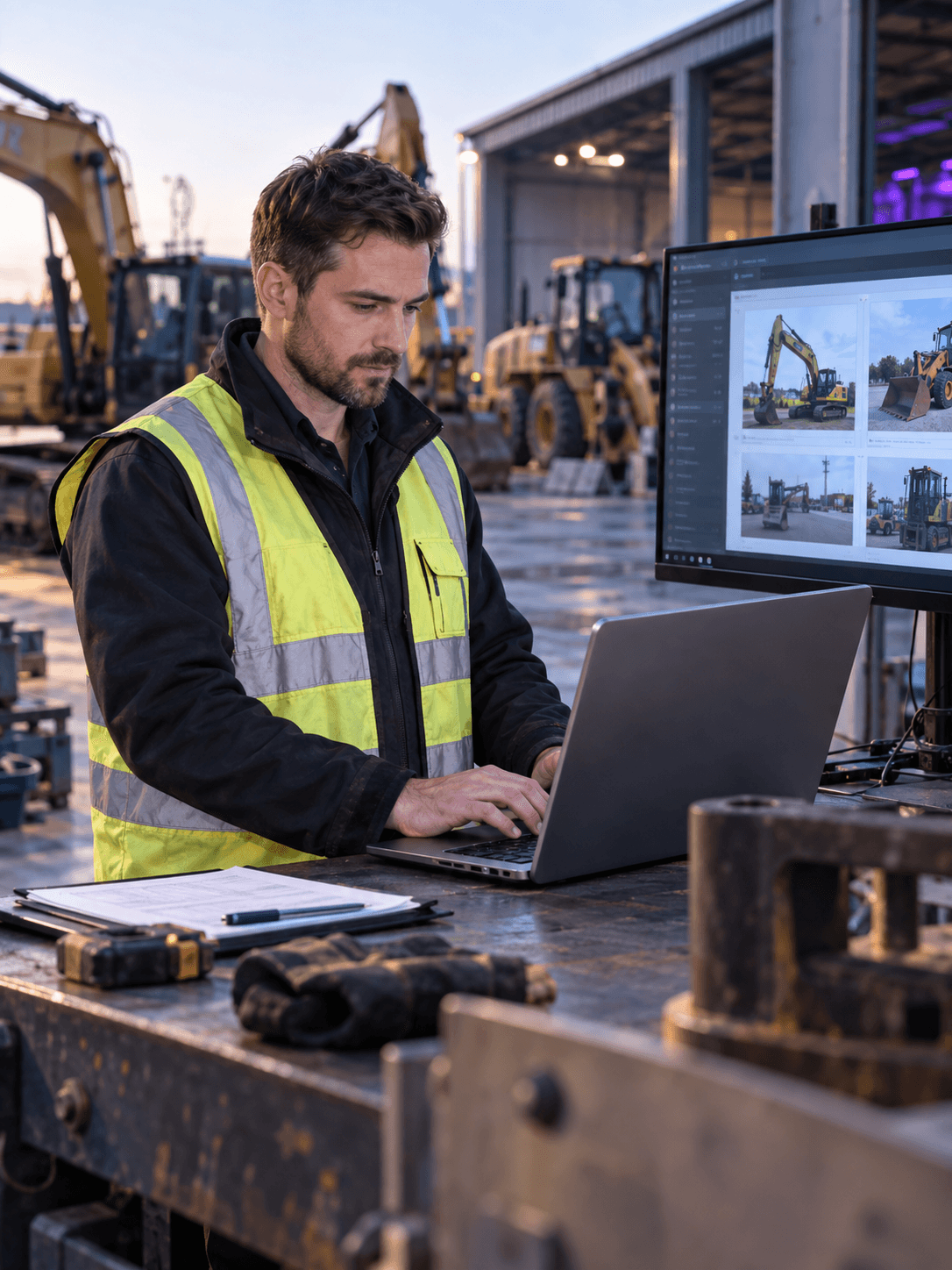 A systems specialist testing a laptop auction configuration at a machinery depot, monitor in background