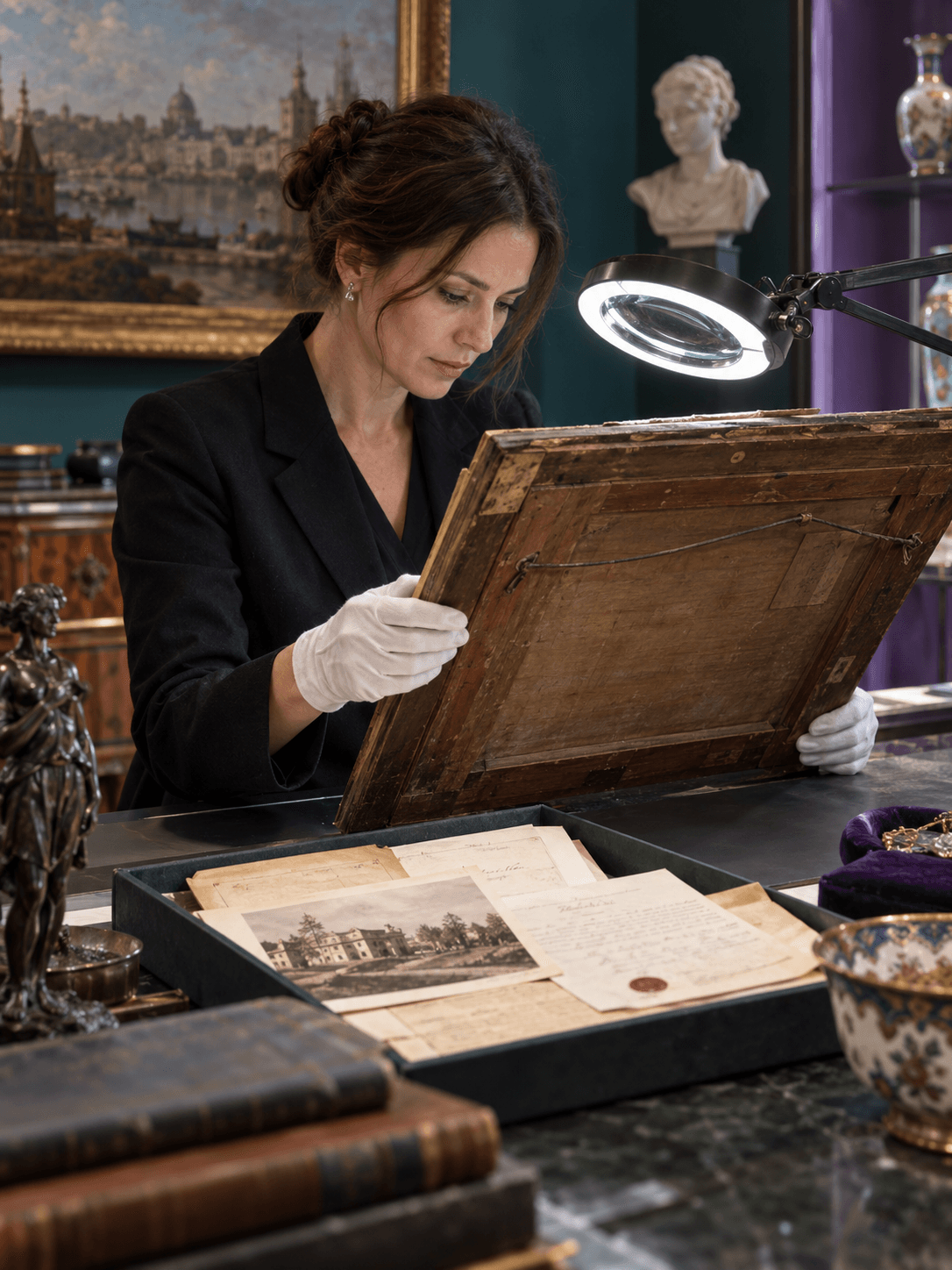 A gloved conservator examines an antique painting’s reverse and provenance papers under a magnifying lamp