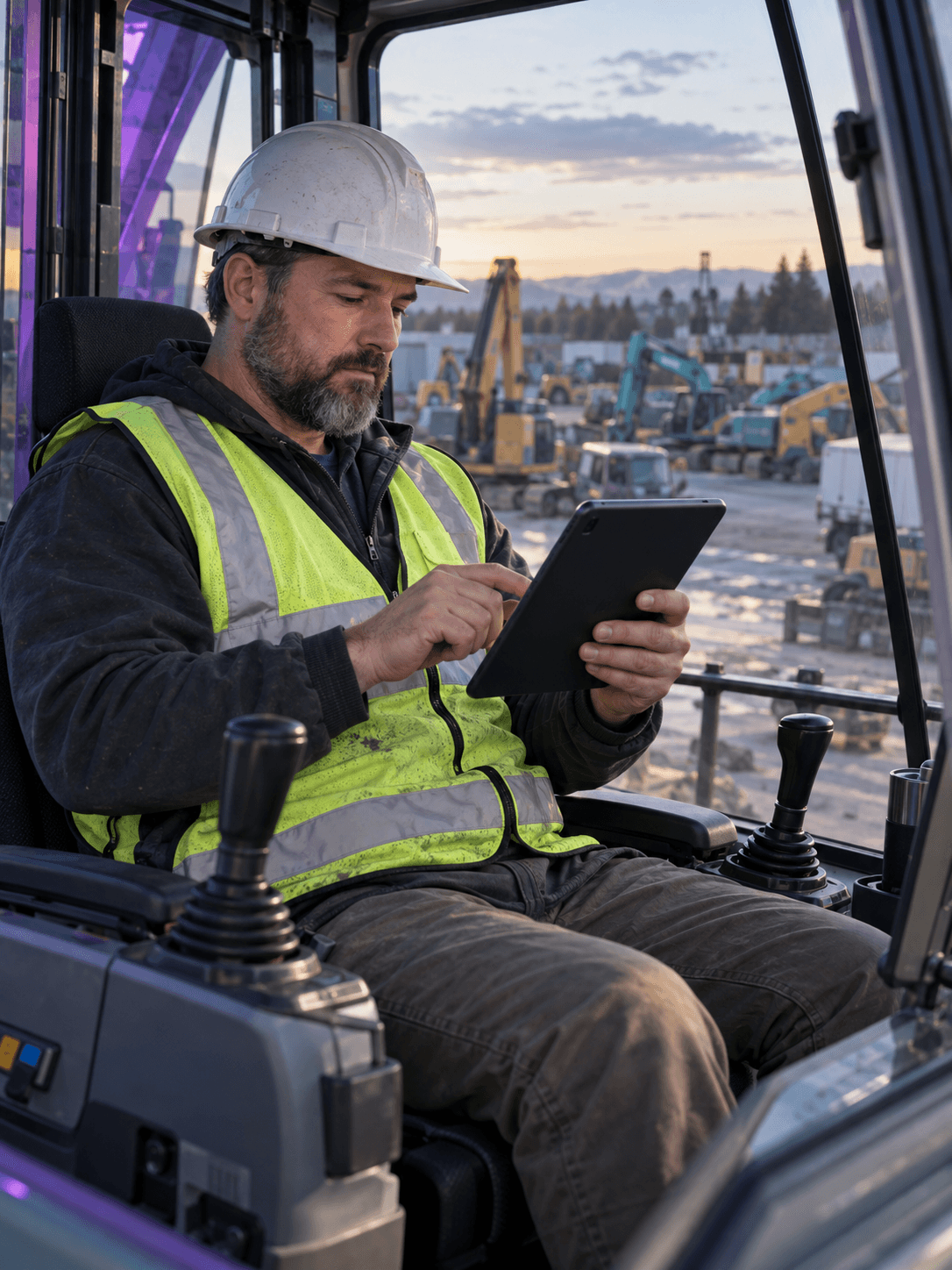 A construction contractor bids using a tablet from inside a parked crane cab, machinery yard visible through the window