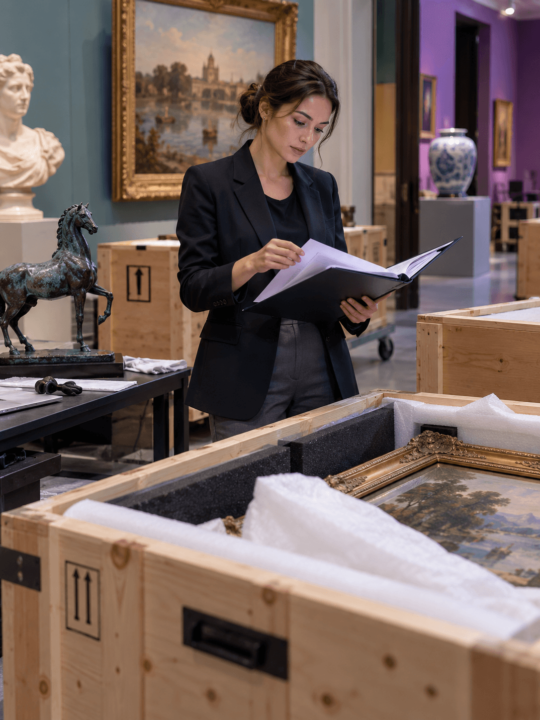 An art settlement coordinator checks a delivery folder beside protective artwork crates
