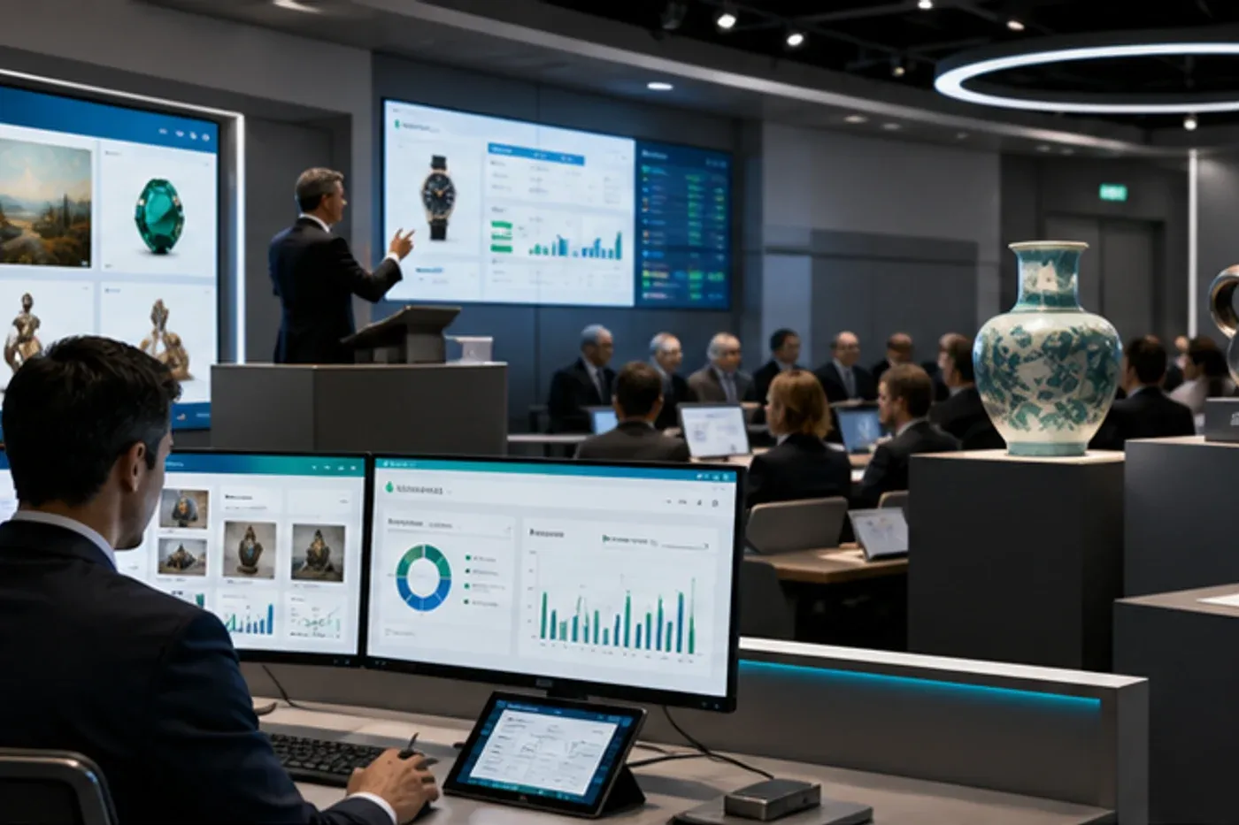 Auction house software environment with specialist catalogue screens, hybrid bidding and sale room operations
